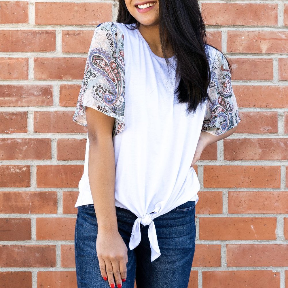 Missy and PLUS Printed Woven Sleeves Tie Front Top